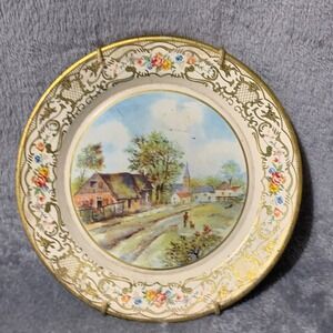 Vtg Daher Decorated Ware Tin Plate Holland Pastoral Village Scene 8 Inch Cottage